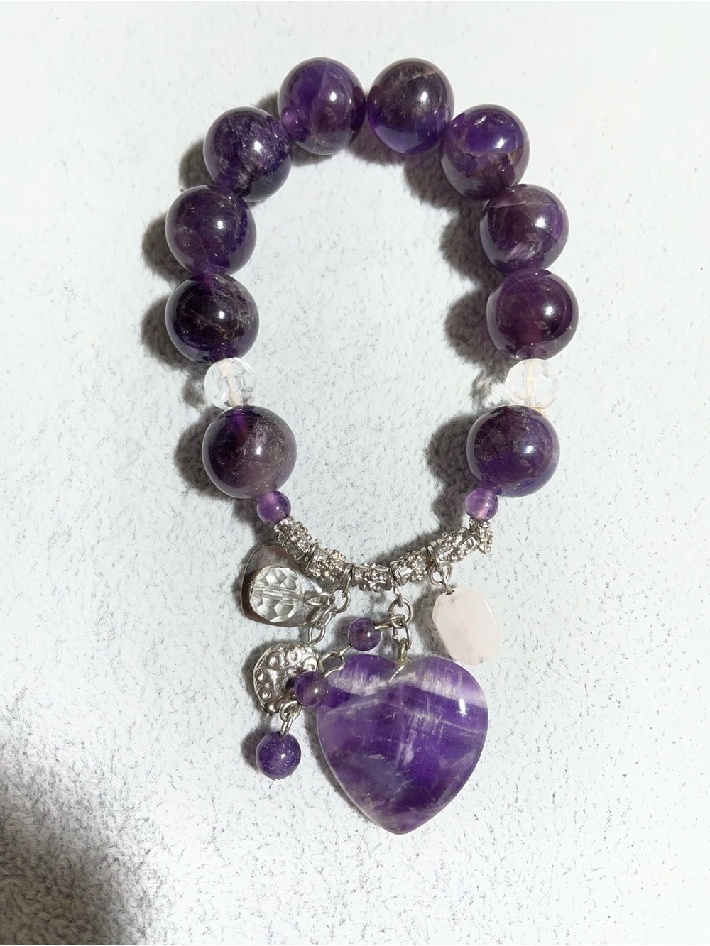 Purple Amethyst Heart Charm Stretch Chunky Bracelet Sz 6.5